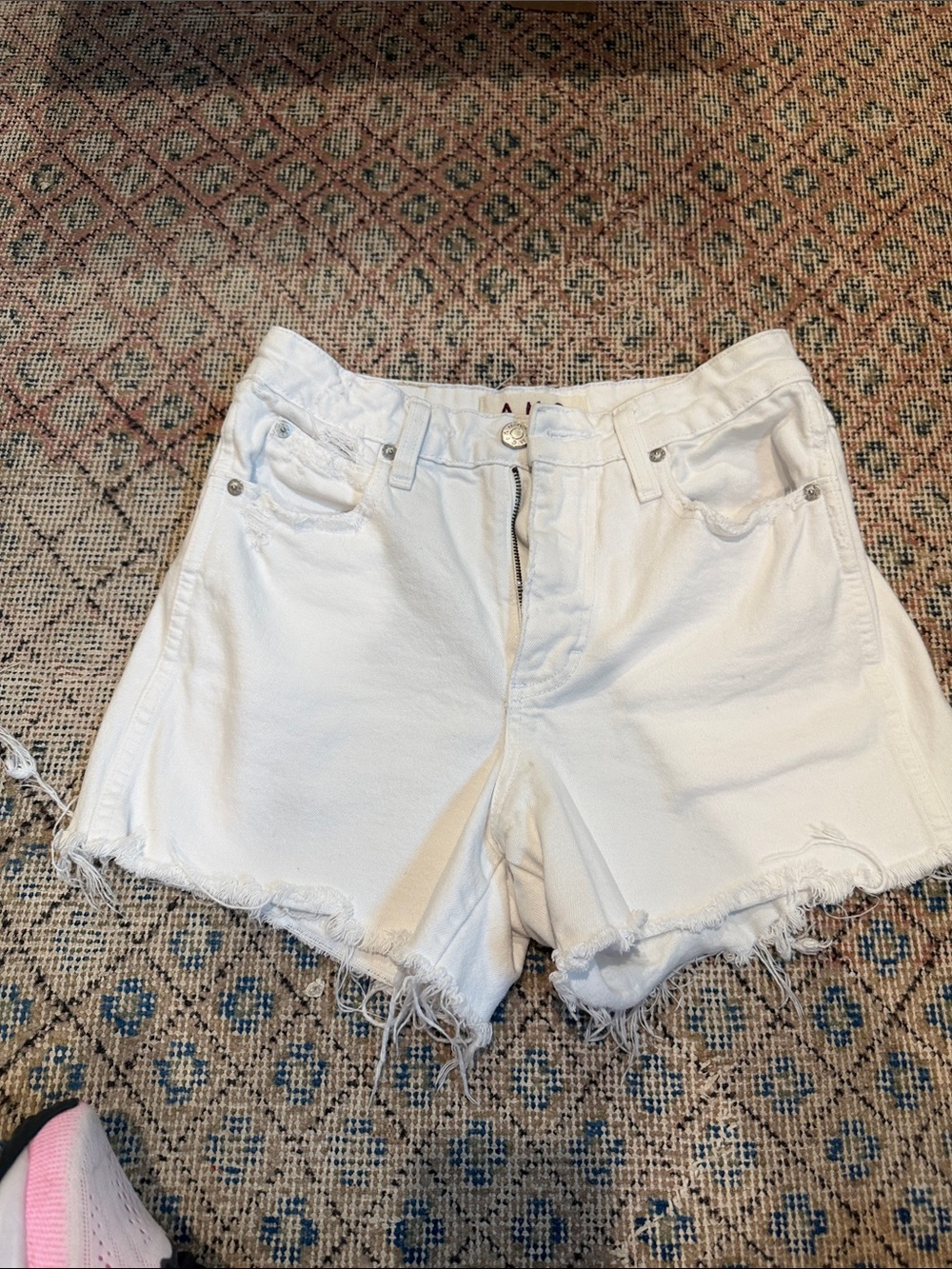 AMO White Distressed Frayed Hem Denim Shorts